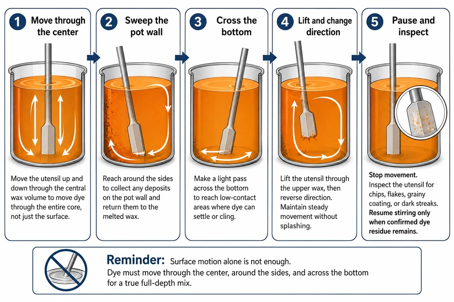 Full-depth candle dye stirring and inspection sequence