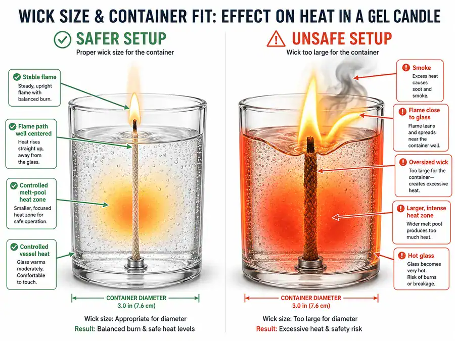 Gel candle container fit and wick heat zones