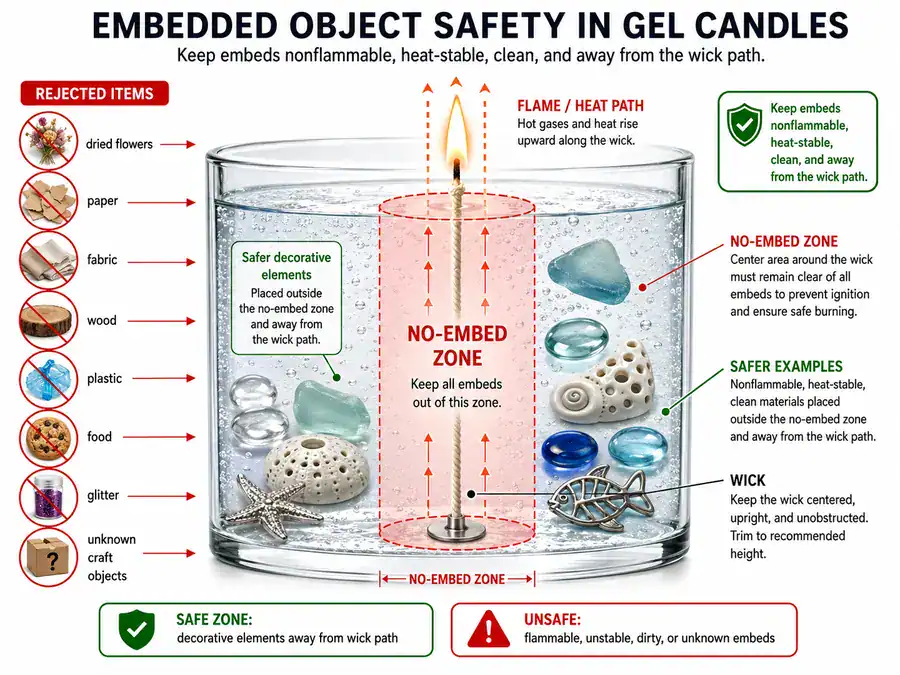 Gel candle embed safety zones and flame path
