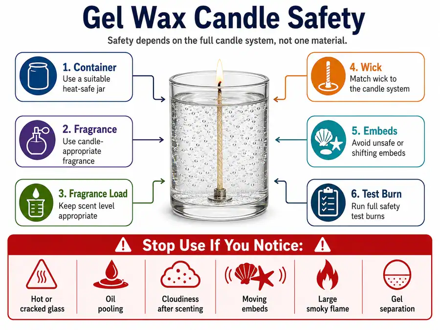 Gel wax candle safety system and stop checks