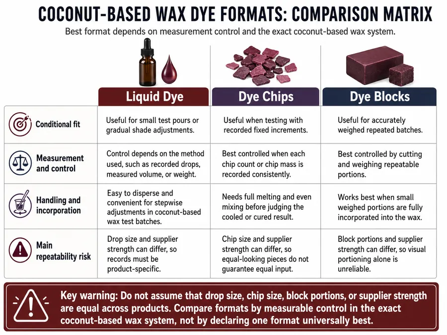 Liquid dye, chips and blocks for coconut wax