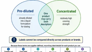 Pre-diluted and concentrated liquid dye labels and overlap