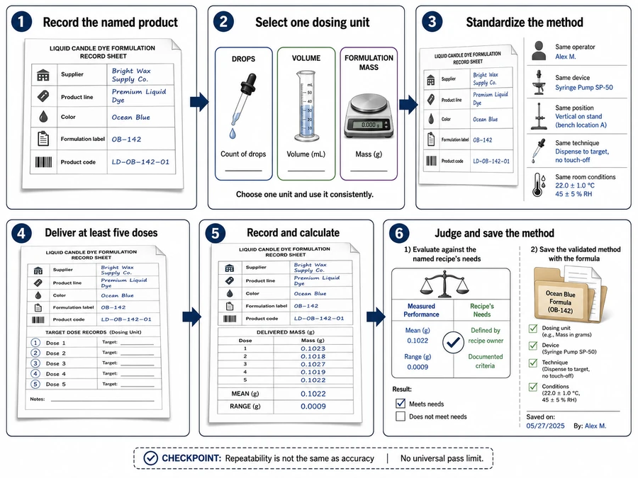 Liquid candle dye repeatability test and dose records