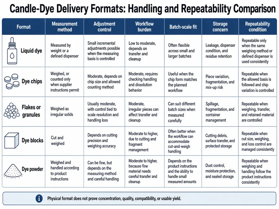 Liquid and solid candle dye format comparison