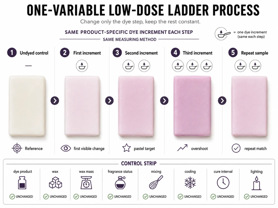 Cured candle-wax samples showing gradual product-specific dye increments from undyed wax to an oversaturated pastel