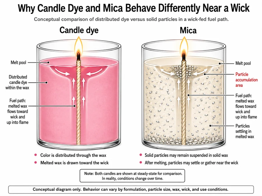 Mica particles and candle dye near a wick