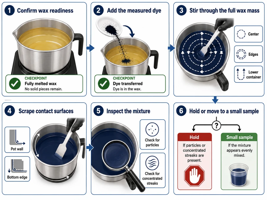 Candle dye mixing and pass-or-hold inspection