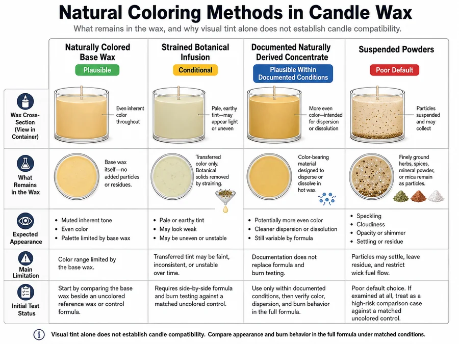 Natural candle coloring methods and residue behavior in wax