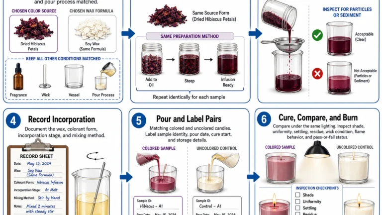 Natural candle color preparation, control samples, curing and burn checks