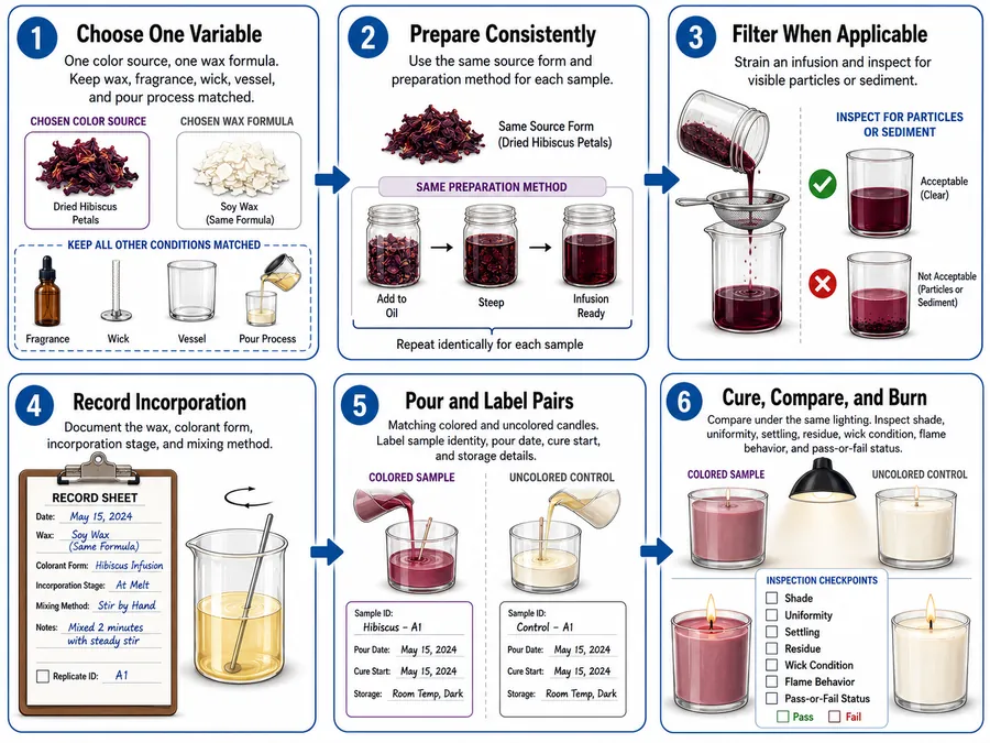 Natural candle color preparation, control samples, curing and burn checks