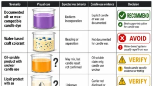 oil-soluble candle dye and water-based dye behavior in wax