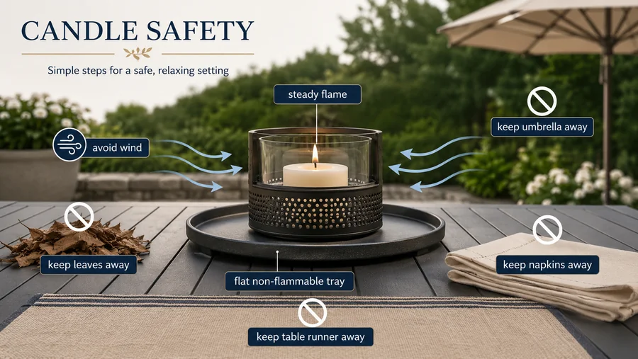 outdoor candle holder setup and wind shielding