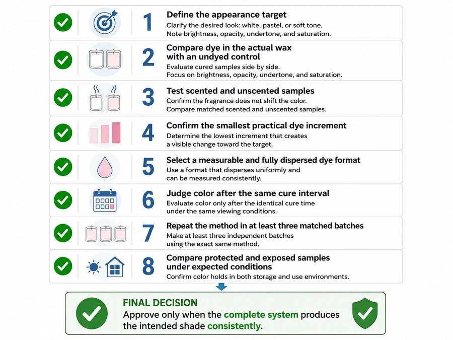 Pastel candle dye selection and matched-sample testing checklist