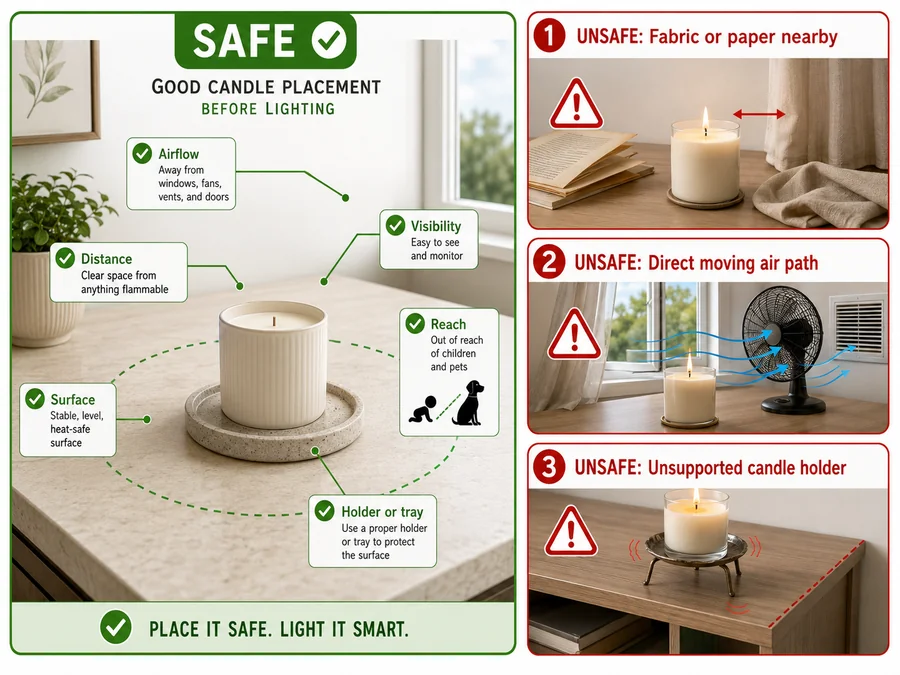 safe candle placement and draft control