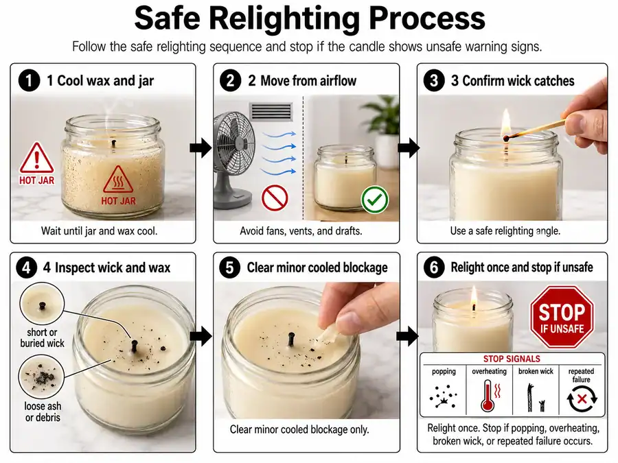safe candle relighting sequence and stop checks