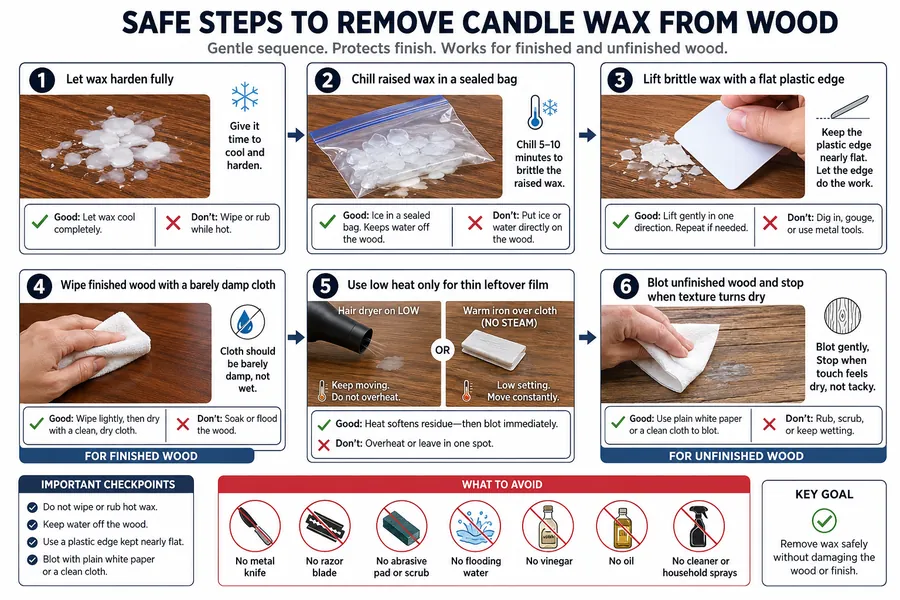 candle wax removal and wood-safe steps