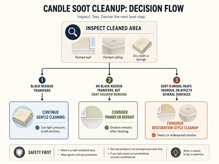 candle soot cleaning, primer, and restoration decision flow