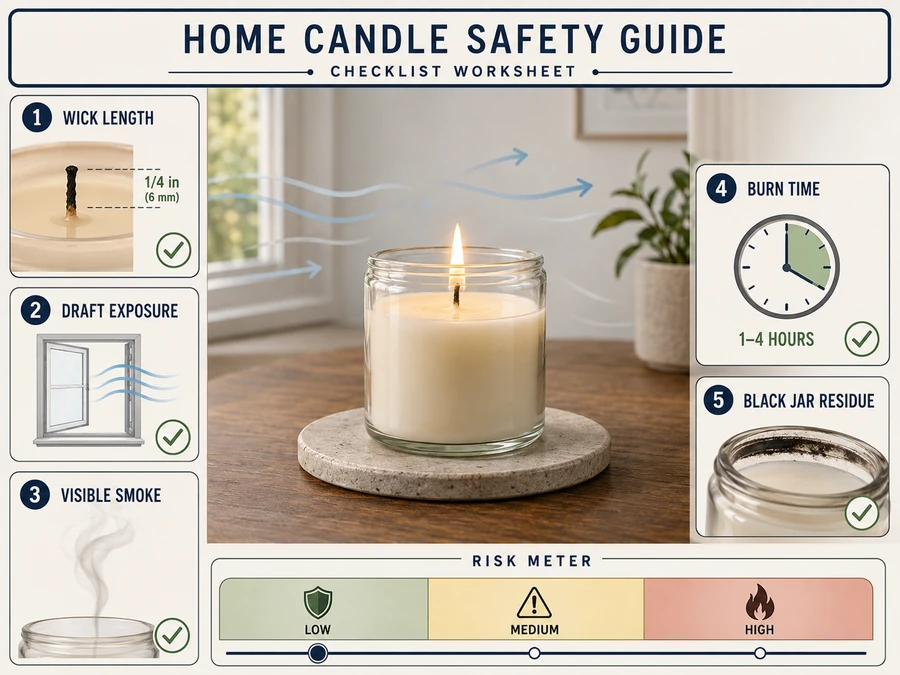 Candle soot setup checker for wick draft and burn risk