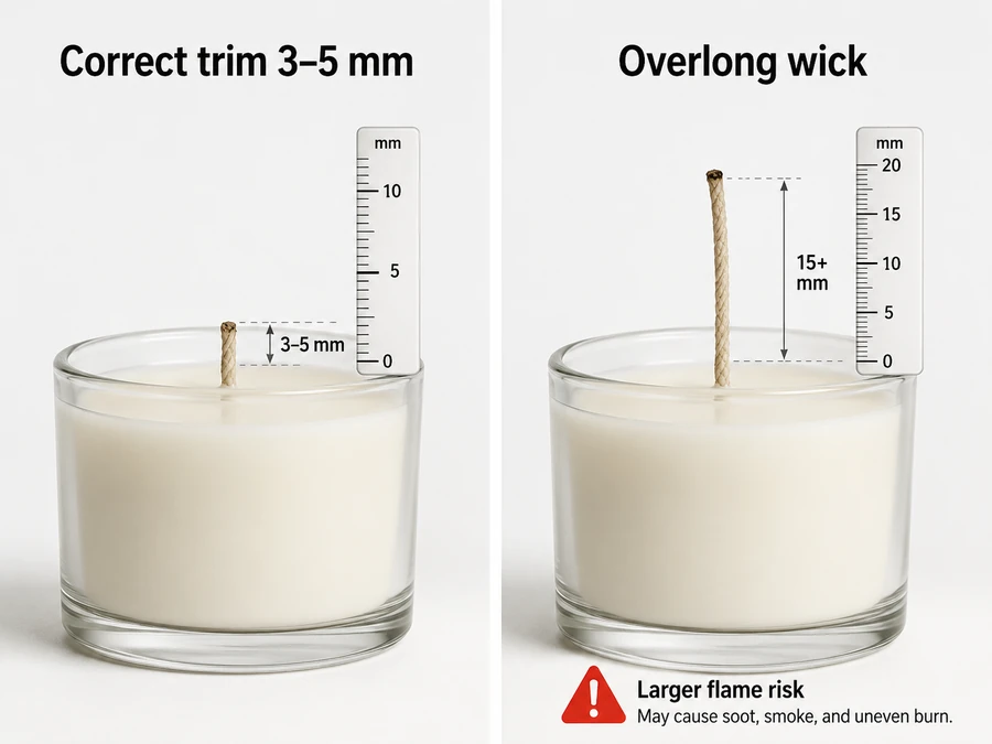 Trimmed candle wick at 3 to 5 mm beside an untrimmed wick