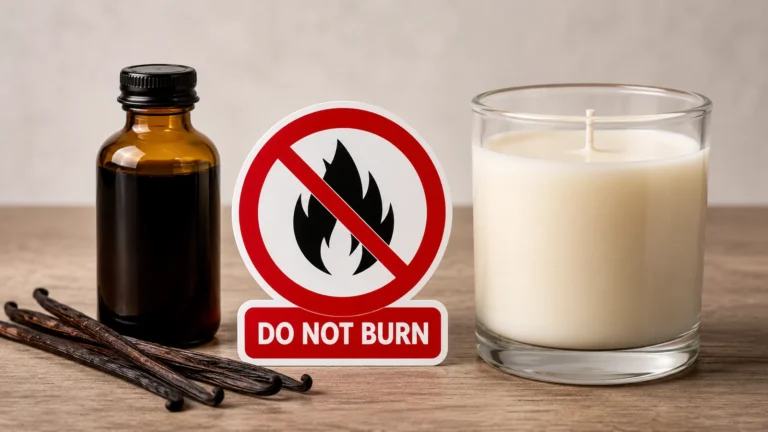 Candle with food-use vanilla extract and a do-not-burn symbol