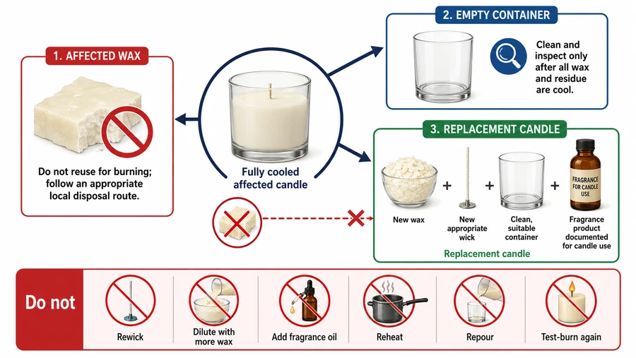 Decision tree for affected wax container reuse and a new candle batch