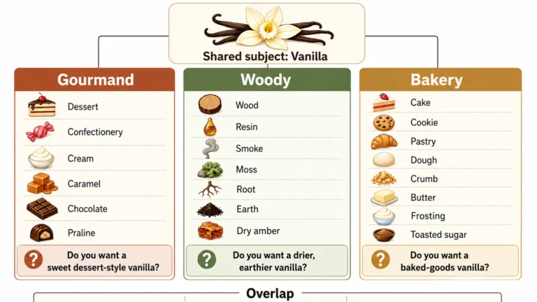 Gourmand, woody, and bakery vanilla scent cues