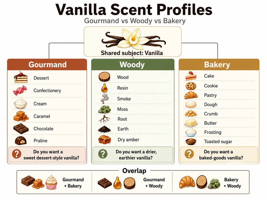 Gourmand, woody, and bakery vanilla scent cues