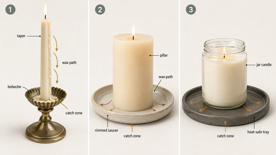 wax drip path and candle catchers