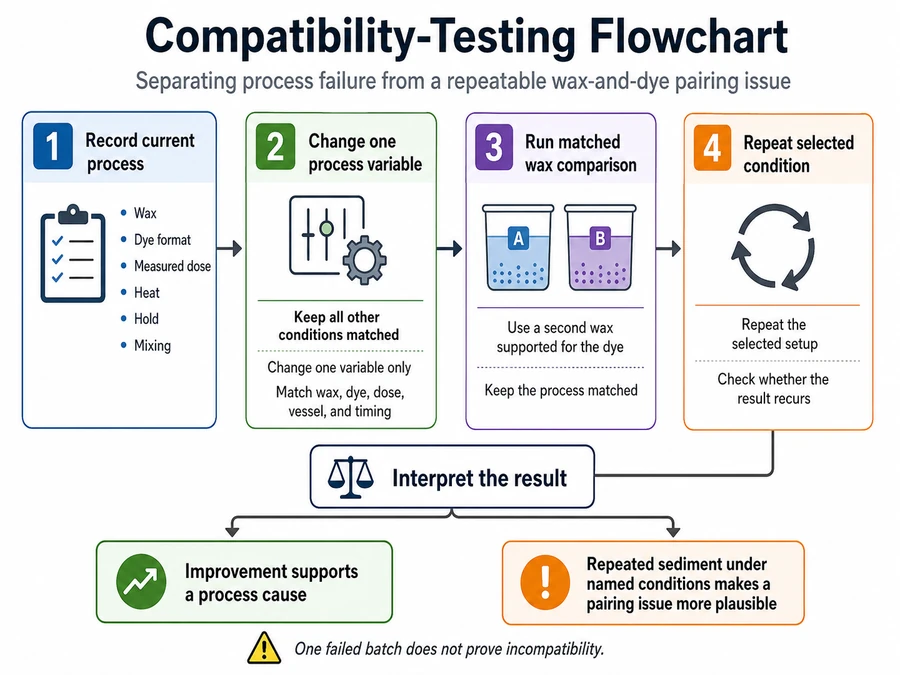 Wax and candle dye compatibility test workflow
