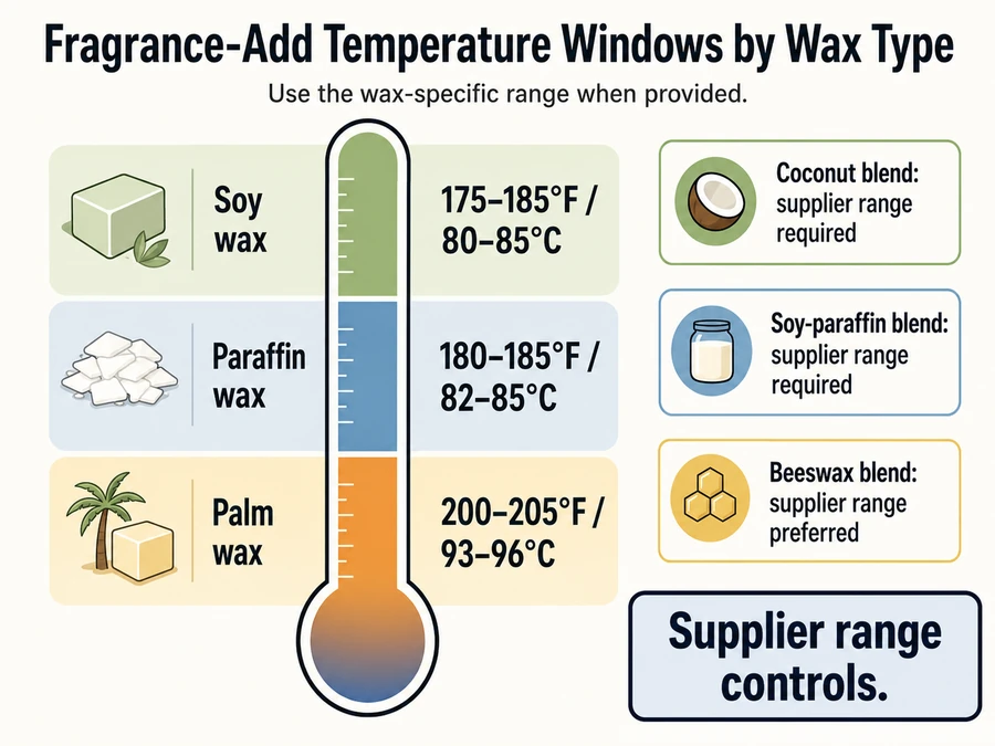 Wax fragrance temperature windows and supplier ranges