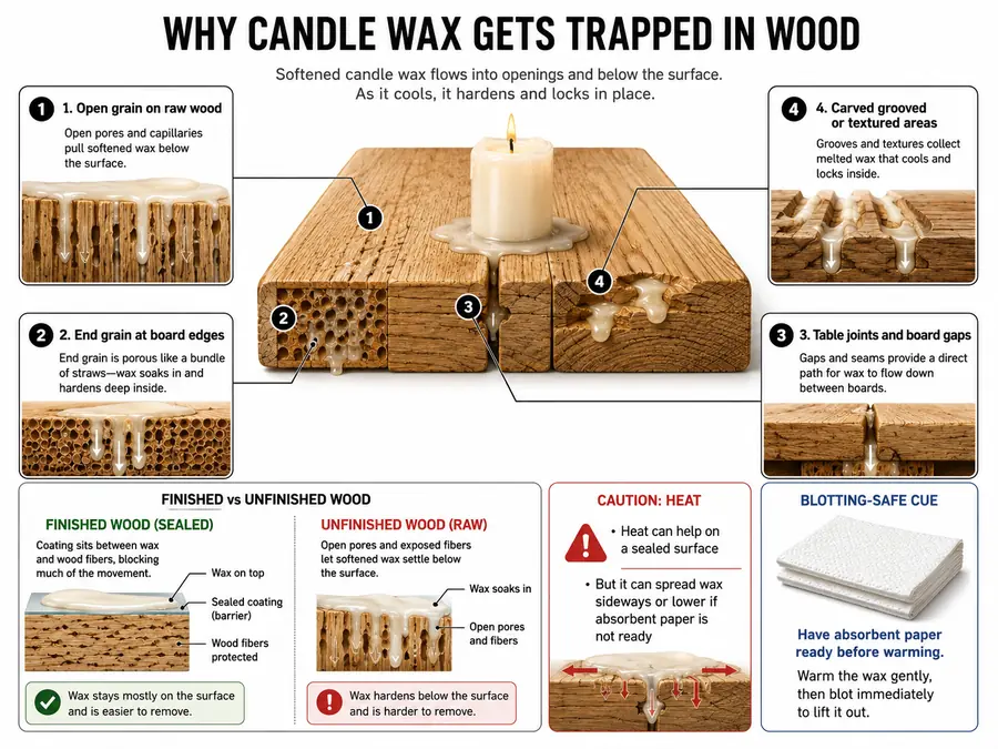 candle wax in wood grain and seams