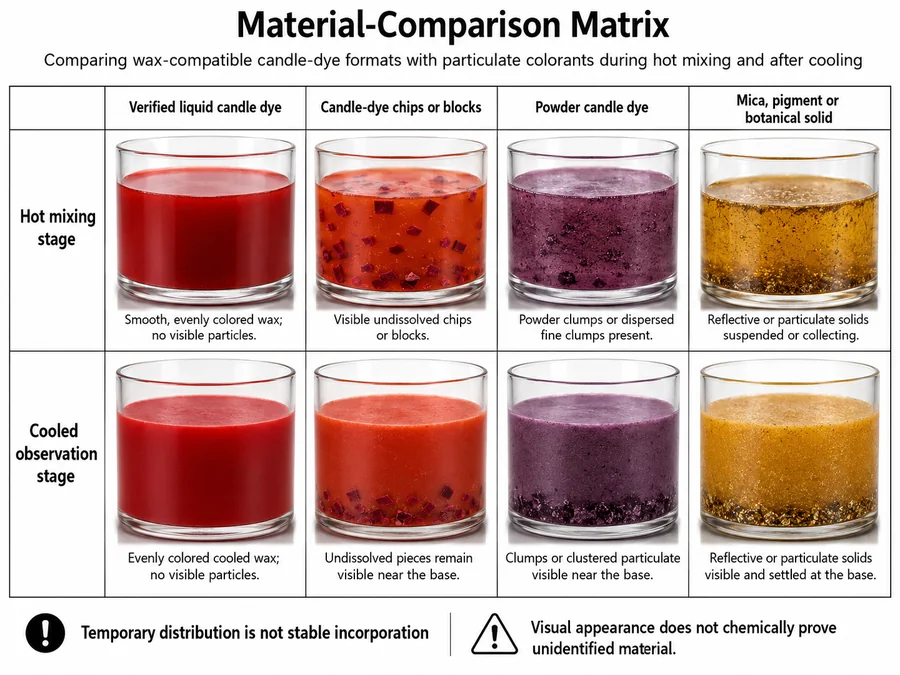 Comparison of wax-compatible candle dye and suspended colorant solids in hot and cooled candle wax