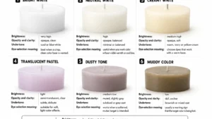 Bright white, creamy white, translucent pastel, dusty tone, and muddy candle swatches