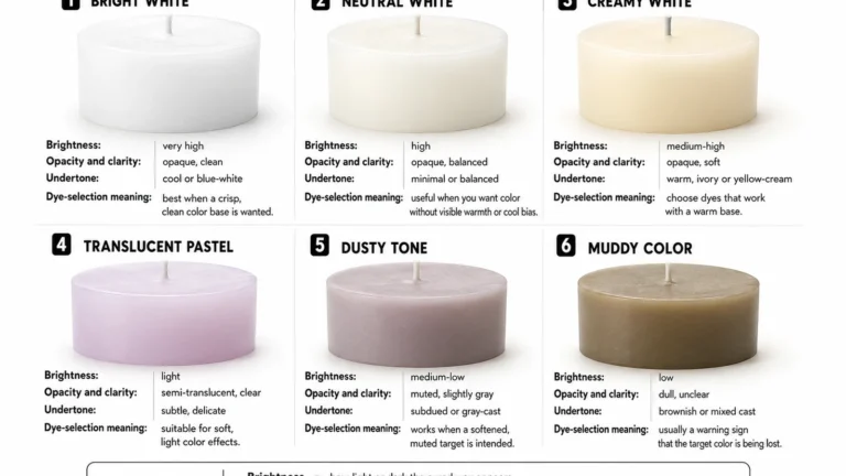 Bright white, creamy white, translucent pastel, dusty tone, and muddy candle swatches