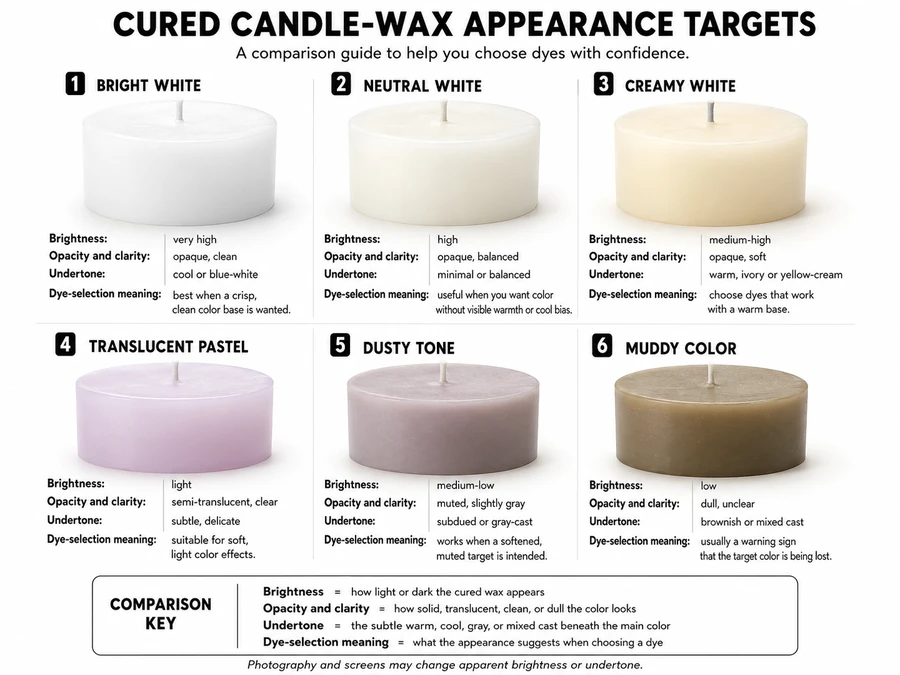 Bright white, creamy white, translucent pastel, dusty tone, and muddy candle swatches