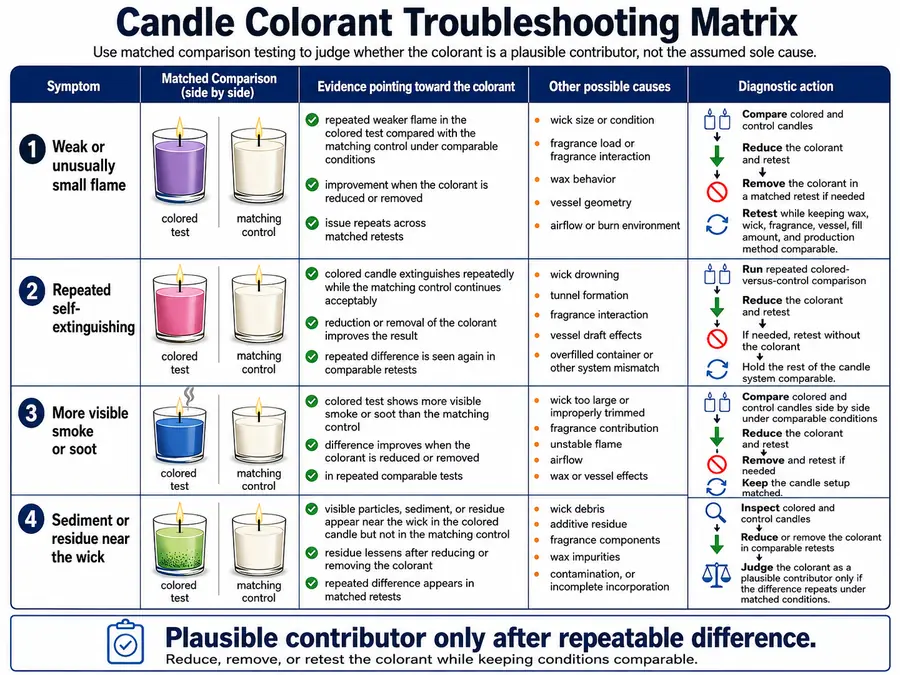 Wick and flame symptoms with colorant diagnostic actions