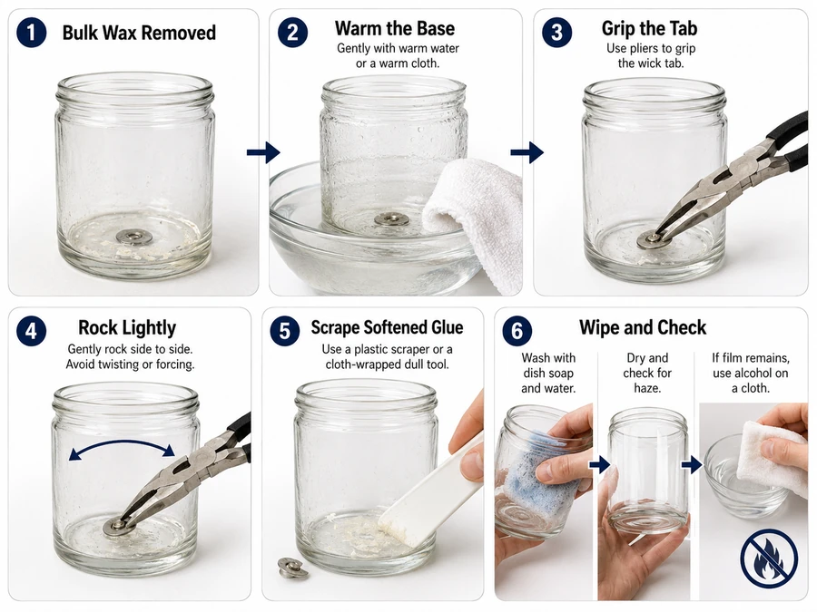 Wick tab glue and wax residue cleanup